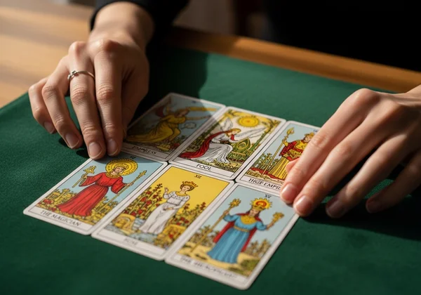 Hand arranging six tarot cards in a spread pattern