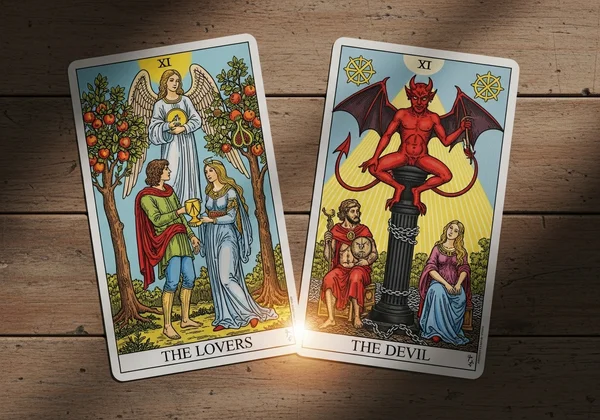 Two tarot cards placed together, showing their interaction