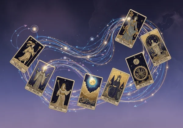 Tarot cards flowing into a story or journey path