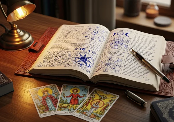 Open tarot journal with pen and tarot cards nearby