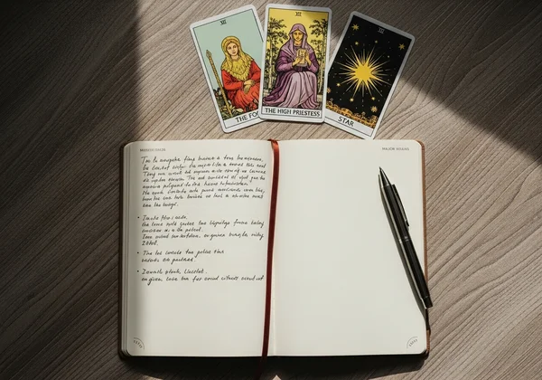 An open journal, pen, and tarot cards for self-reflection.