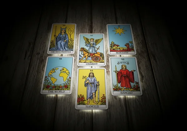 An elegant six-card tarot spread using Major Arcana cards.
