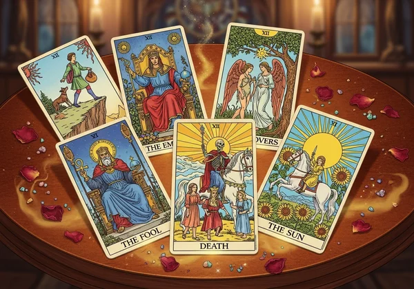 A selection of colorful Major Arcana tarot cards laid out.