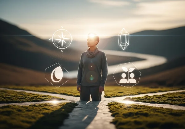 Person contemplating life choices, surrounded by mystical light.