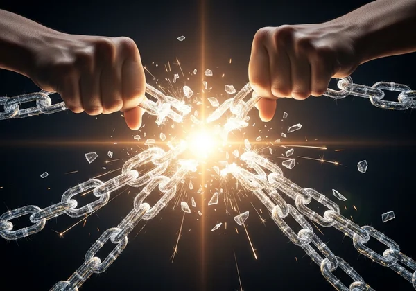 Hands breaking free from symbolic chains of illusion.