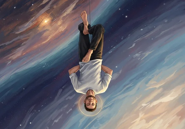 A stylized figure hanging upside down gaining new insights.