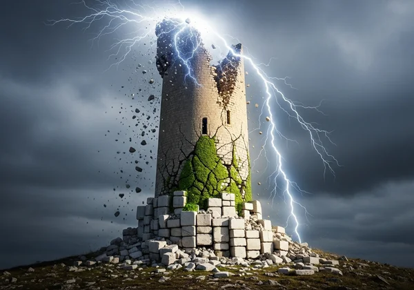 A crumbling tower with new growth emerging from its base.