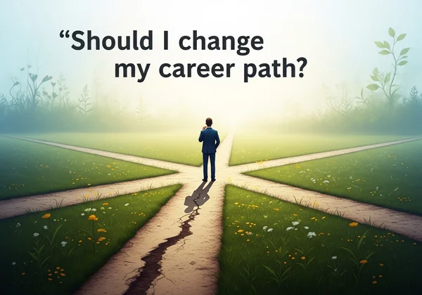 Person at a crossroads, pondering career path changes