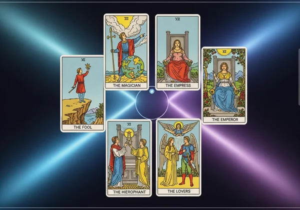 6 카드 스프레드에 배열된 메이저 아르카나 타로 카드