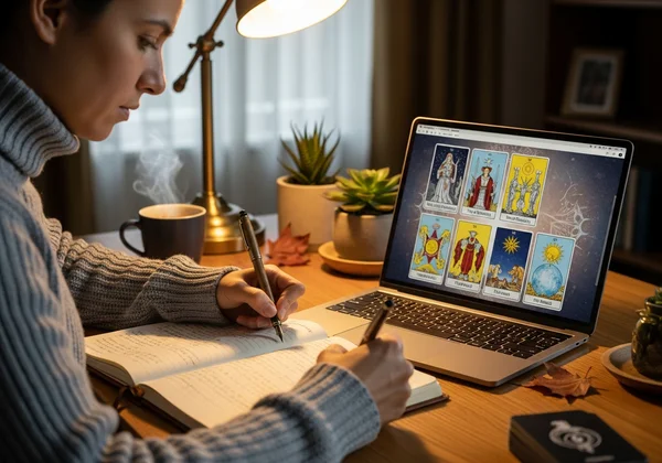 온라인 타로 리딩에서 얻은 통찰력을 일지에 기록하는 사용자