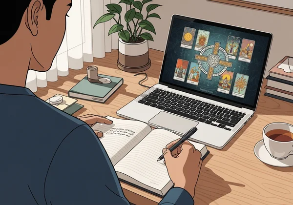 타로 리딩을 저널에 기록하며 성찰하는 사람