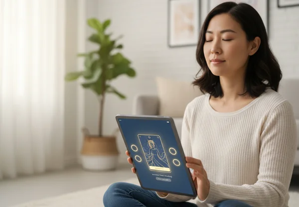 Woman using an online tarot tool for mindfulness