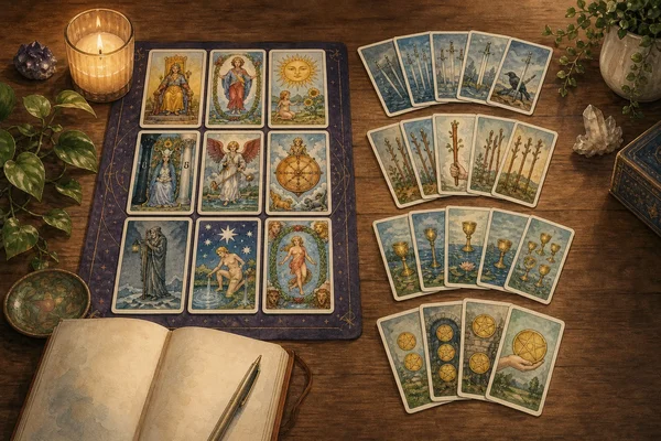 Tarot deck laid out by card groups
