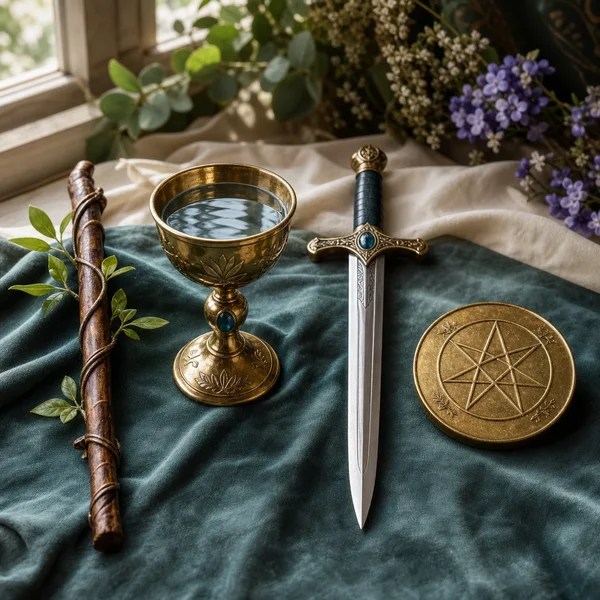 Four tarot suits with symbolic objects
