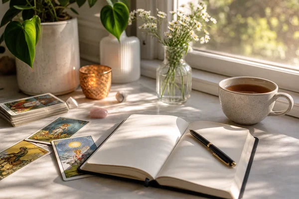 Calm tarot reflection with journal