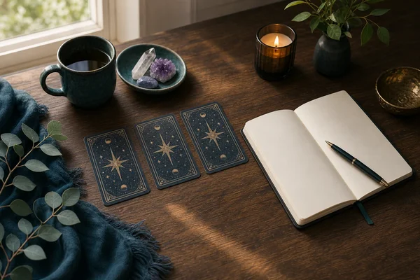 Tarot cards beside a reading journal