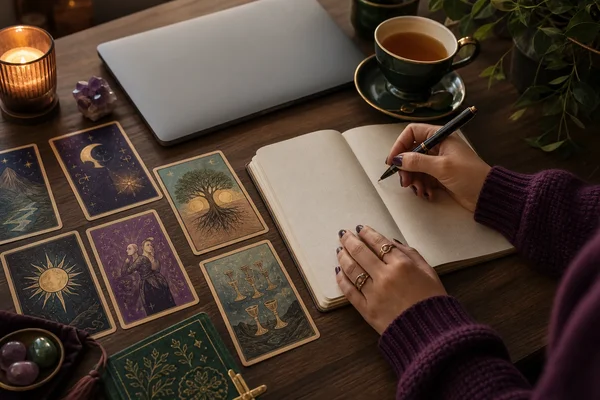 Person reflecting on tarot card meanings